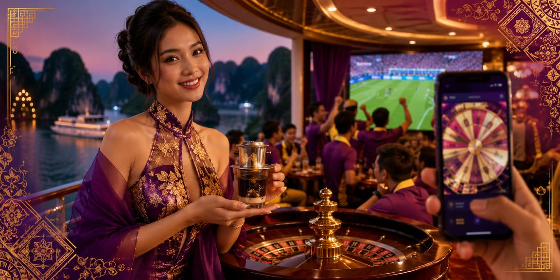 Khung cảnh Vịnh Hạ Long với người dùng thưởng thức cà phê và chơi roulette trực tuyến