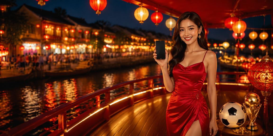 Người dùng tại chợ đêm Hội An theo dõi kết quả bóng đá và kiểm tra tài khoản cá cược trên điện thoại